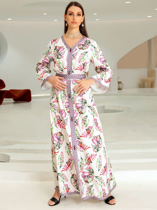 Leaf Print V Neck Bind Design Long Sleeve Elegant Dress