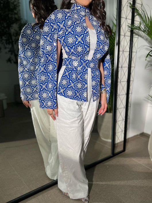 Elegant Ethnic Snowflake Print Jumpsuit and Outwear Two-Piece Set