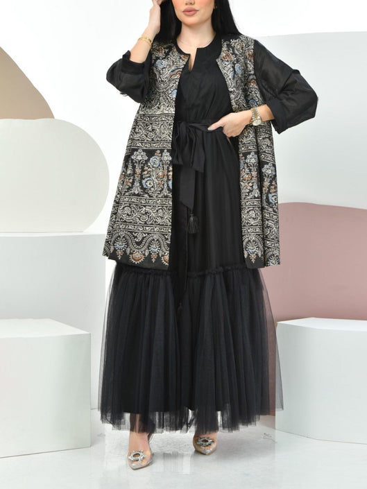 Ramdan black pattern outerwear & mesh dress set فساتين