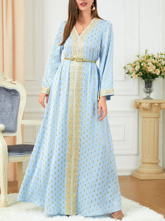 Golden Printed Belt Design V Neck Long Sleeve Blue Dress