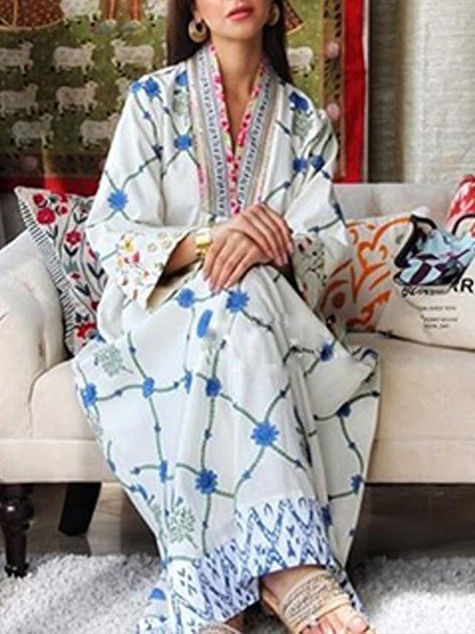 V neck long sleeve blue printed maxi kaftan dress