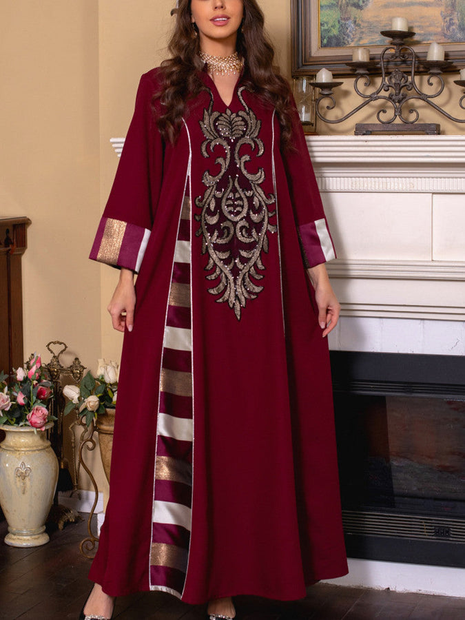Sequins Embroidery Patchwork Striped V Neck Kaftan