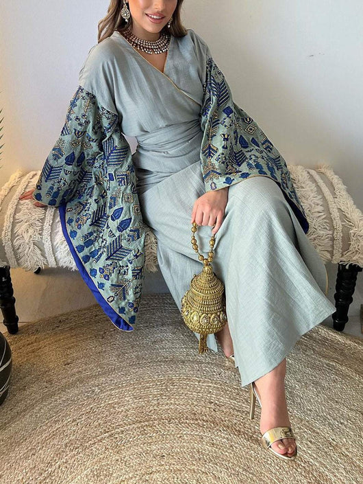 Elegant Embroidered Gold Trim V-Neck Dress