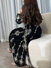 Folk Embroidery Printed V Neck Long Sleeve Gown
