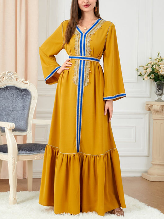 التطريز الطباعة الربط تصميم الخامس الرقبة فستان طويل الأكمام 