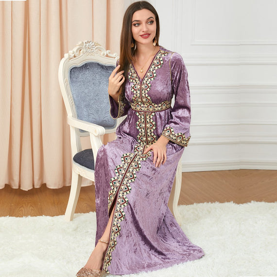 Velvet Printed V Neck Split Long Sleeve Party Gown