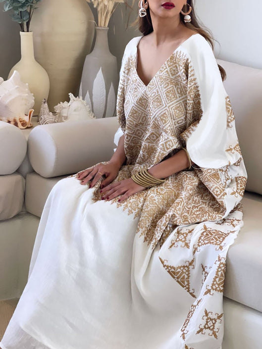 Baggy half sleeve printed v neck kaftan