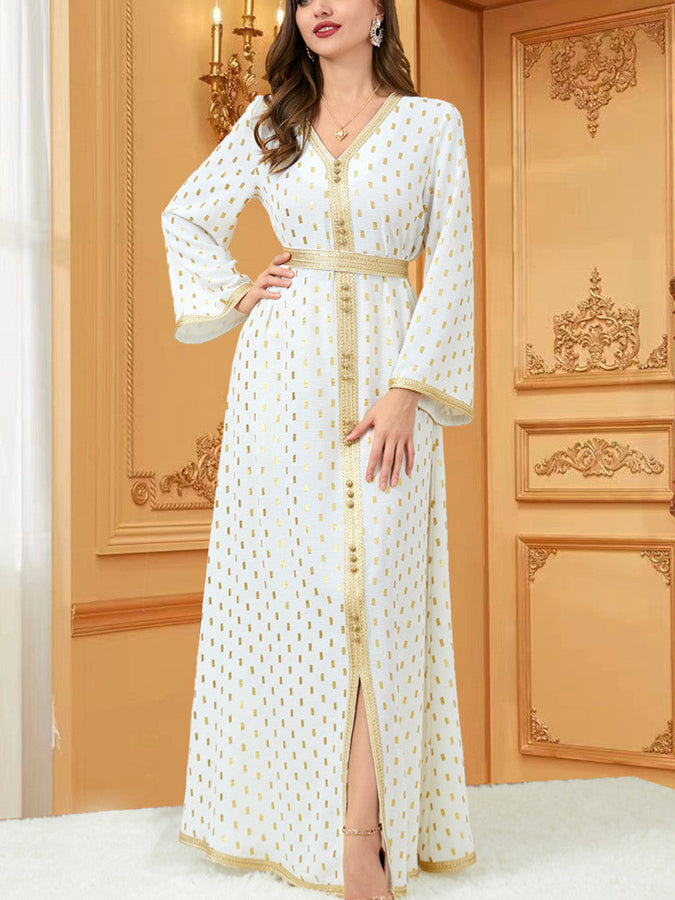 Golden Print V Neck Long Sleeve Belt Design Dress