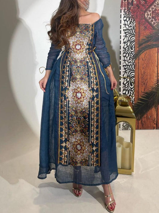 فستان أزرق لامع مطرز بدون حمالات