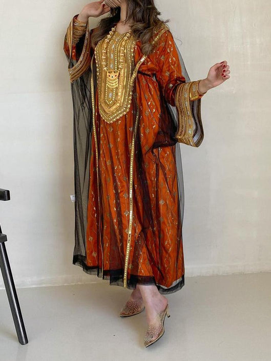 Elegant Embroidered Sequin Dress and Mesh Outwear Two-piece Set