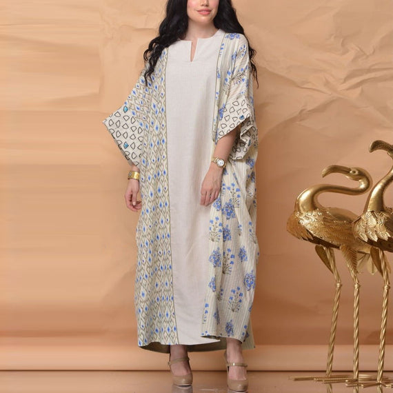 women v neck long sleeve batwing sleeve full-length casual pattern kaftan with floral printed