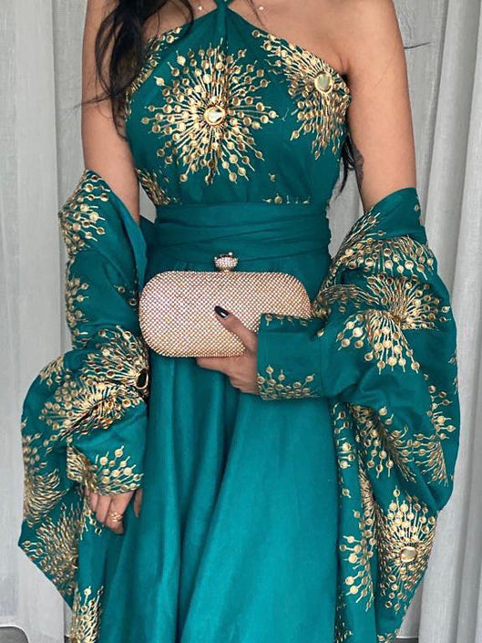 Gold embroidered dress + baggy cardigan two-piece set