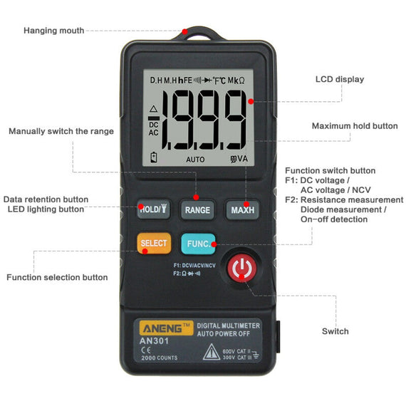 AN301 New Mini Digital Multimeter Tester - Black