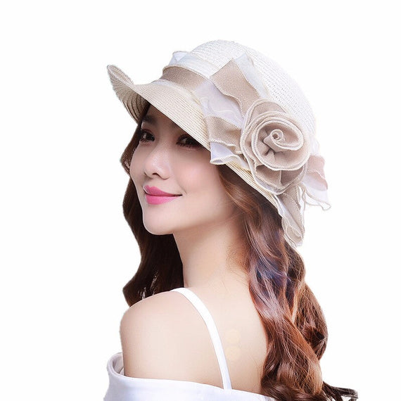 B-3144 Women Korean Beach Flower Hat - Beige