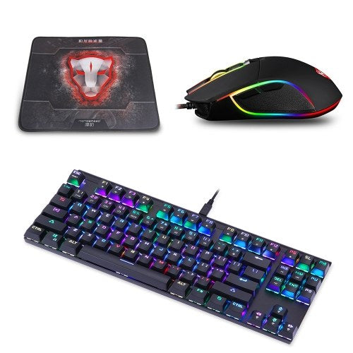 Motospeed V30 Wired Optical USB Gaming Mouse + CK101 87 Key NKRO RGB Backlit Mechanical Gaming Keyboard +  P70 Black Non-Slip Rubber Computer Gaming Mouse Pad