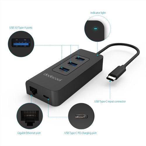 dodocool USB-C 3.1 to 3-Port USB-A 3.0 Hub with Gigabit Ethernet Adapter and Power Delivery Black