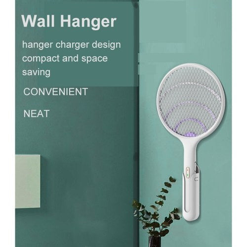 مضرب تنس كهربائي قابل لإعادة الشحن منشة الذبابة مكون من 3 طبقات شبكية محمولة باليد لمكافحة الحشرات في الأماكن المغلقة أو الهواء الطلق (شماعة + حامل)