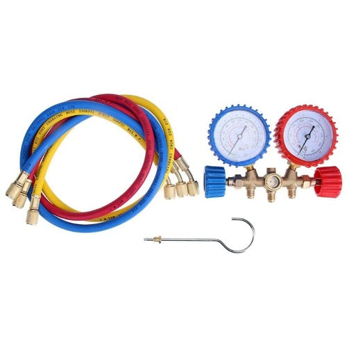 R134A R12 R22 R502 Current Divider Meter Tools Set Refrigerants Air Conditioning AC Diagnostic Manifold Gauges Double Table Valve with 3 Colors Hose