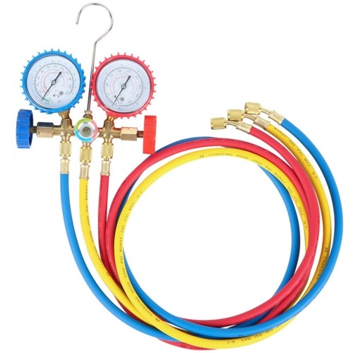R134A R12 R22 R502 Current Divider Meter Tools Set Refrigerants Air Conditioning AC Diagnostic Manifold Gauges Double Table Valve with 3 Colors Hose