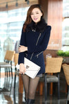 New Fashion Women Coat Zipper Pockets Faux Fur Collar Warm Slim Long Overcoat Outerwear Dark Blue