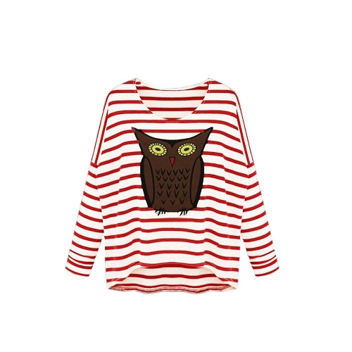 جديد أزياء المرأة تي شيرت البومة نمط الشريط طاقم الرقبة Batwing كم طويل عارضة أعلى بلوزة