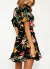 New Spring Women Floral Mini Dress V Neck Flare Sleeve Elastic Waist Casual A-Lined Dress Black