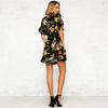 New Spring Women Floral Mini Dress V Neck Flare Sleeve Elastic Waist Casual A-Lined Dress Black