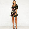 New Spring Women Floral Mini Dress V Neck Flare Sleeve Elastic Waist Casual A-Lined Dress Black