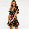 New Spring Women Floral Mini Dress V Neck Flare Sleeve Elastic Waist Casual A-Lined Dress Black
