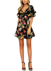 New Spring Women Floral Mini Dress V Neck Flare Sleeve Elastic Waist Casual A-Lined Dress Black