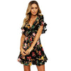 New Spring Women Floral Mini Dress V Neck Flare Sleeve Elastic Waist Casual A-Lined Dress Black