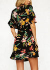 New Spring Women Floral Mini Dress V Neck Flare Sleeve Elastic Waist Casual A-Lined Dress Black