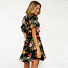 New Spring Women Floral Mini Dress V Neck Flare Sleeve Elastic Waist Casual A-Lined Dress Black