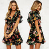 New Spring Women Floral Mini Dress V Neck Flare Sleeve Elastic Waist Casual A-Lined Dress Black