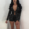 Sexy Women Embellished Pearl Blazer Set Two Piece Outfits Long Sleeve OL Work Wear Short Overalls Tracksuits