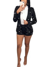 Sexy Women Embellished Pearl Blazer Set Two Piece Outfits Long Sleeve OL Work Wear Short Overalls Tracksuits