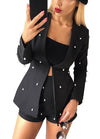 Sexy Women Embellished Pearl Blazer Set Two Piece Outfits Long Sleeve OL Work Wear Short Overalls Tracksuits