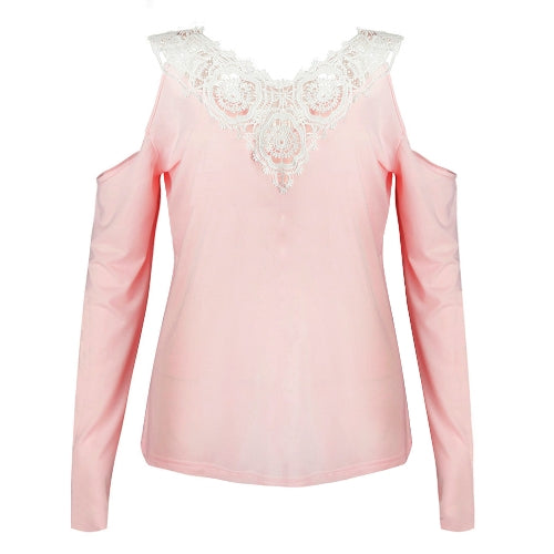 مثير المرأة بلوزة الدانتيل لصق الباردة الكتف الخامس الرقبة كم طويل سليم عادية تي شيرت المحملة القمم الوردي