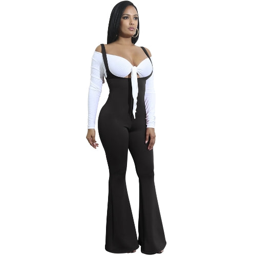 Women Jumpsuit Solid Suspender Strap Sleeveless Open Back Wide Flared Legs Bell Bottom Sexy Overalls
