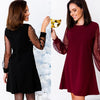 Women Autumn Dress Pearl Beading Mesh Tunic Boat Neck Long Sleeve A Line Elegant Dress Black/Red