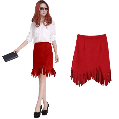 نساء جديدات تنورة فو من جلد الغزال شرابة شرابة غير منتظمة Zipper Midi Pencil Jaints Ol Vintage Slimwear Red