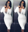 Sexy Women Plunge V Neck Criss Cross Strap Design Long Sleeve Bodycon Midi Dress