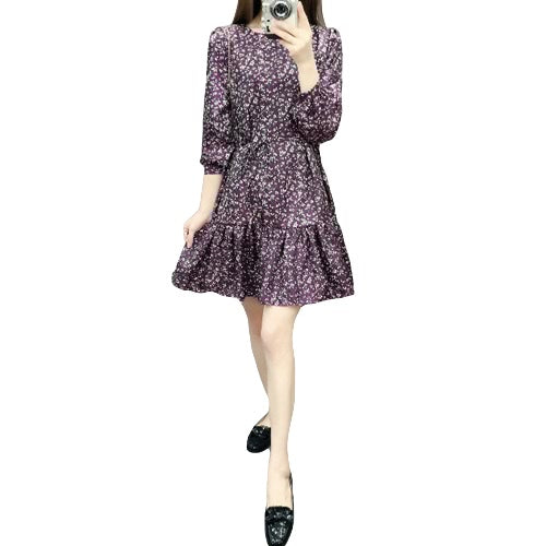 Floral Print Long Sleeve Self-Tie Ruffle Hem Casual Dress