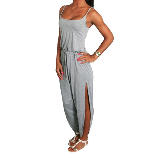 New Fashion Women Jumpsuit Spaghetti Strap Drawstring Waist Side Split Solid Playsuit Rompers Light Grey/Grey