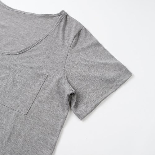 Women Plus Size T-Shirt Chest Pocket Casual Tunic Top Solid Color Loose Tee Grey