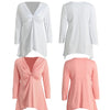 Women T-Shirt Knot Tunic Top V-Neck Long Sleeves Autumn Top Solid Slim Casual Tee White/Pink