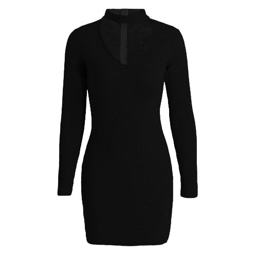 New Sexy Women Bodycon Dress Choker V Neck Long Sleeve Solid Ribbed Warm Mini Dress Party Clubwear Black/Grey