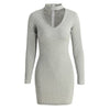 New Sexy Women Bodycon Dress Choker V Neck Long Sleeve Solid Ribbed Warm Mini Dress Party Clubwear Black/Grey