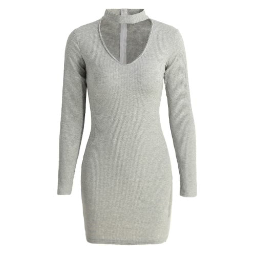 جديد مثير للنساء bodycon اللباس القلادة v الرقبة طويلة الأكمام الصلبة مضلع دافئ الدفء الفستان الحزب النادي الأسود/الرمادي