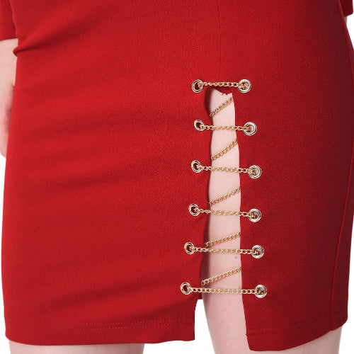 Women Bodycon Dress Split Chain Eyelet Zipper O Neck Long Raglan Sleeves Mini Pencil Dress Red